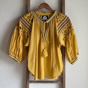 Alamwar Walk the Earth Rife Yellow Boho Peasant Top Sz: Med